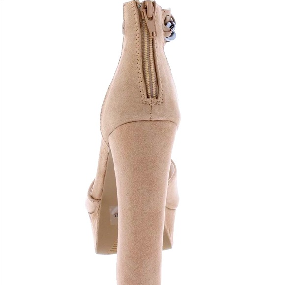 Jayda Nude Chain Tan Peep Toe Ankle Strap Chunky Platform Heels - Picture 3 of 4